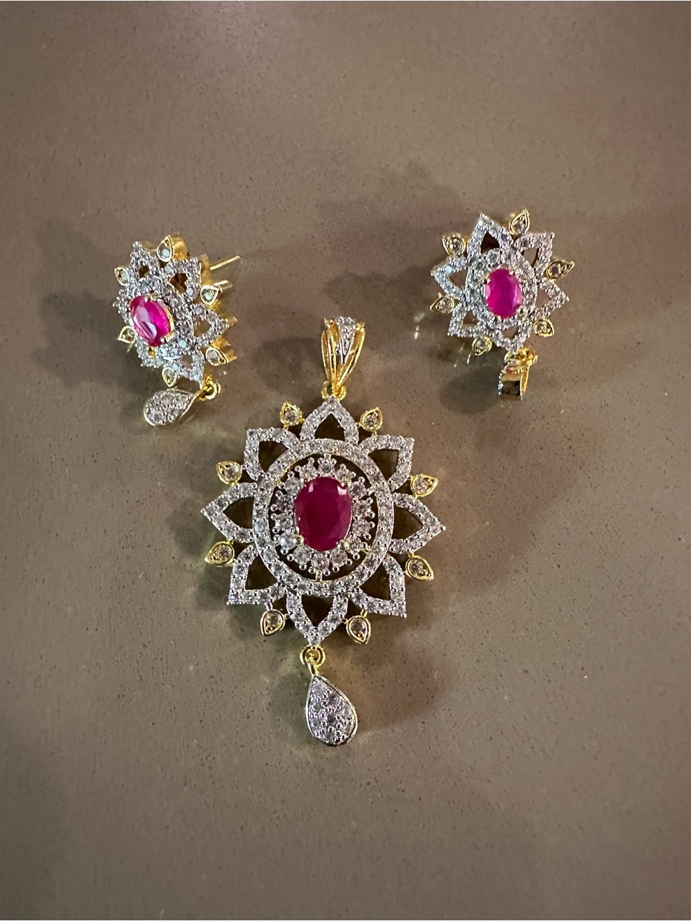 Gold-Plated Floral Ruby & Cubic Zirconia Pendant and Earring Set